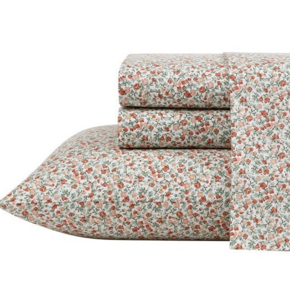 Laura Ashley EMOGENE Red Green White Floral Cotton Percale TWIN Sheet Set 3 pc - Picture 3 of 9